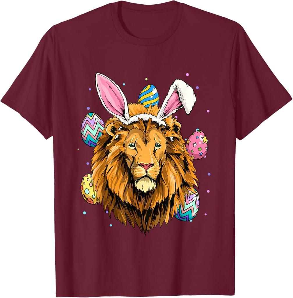 Lion Wearing Easter Bunny Ears Graphic Tee Cotton Short Sleeve Crew Neck Casual T-Shirt