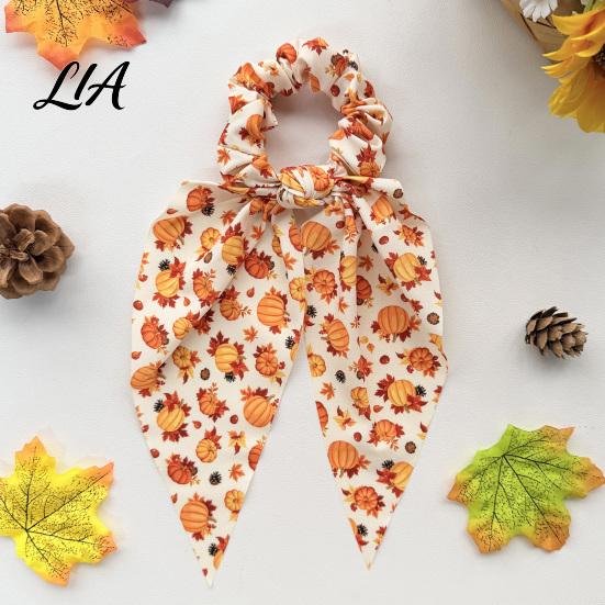 Vintage Pastorale Stil Haarschleifen Herbst Kürbis Ahornblatt Krawatte für Damen, Schleifenknoten Band Pferdeschwanz Herbsternte Krawattenhalter, Weicher Stoff Elastisch