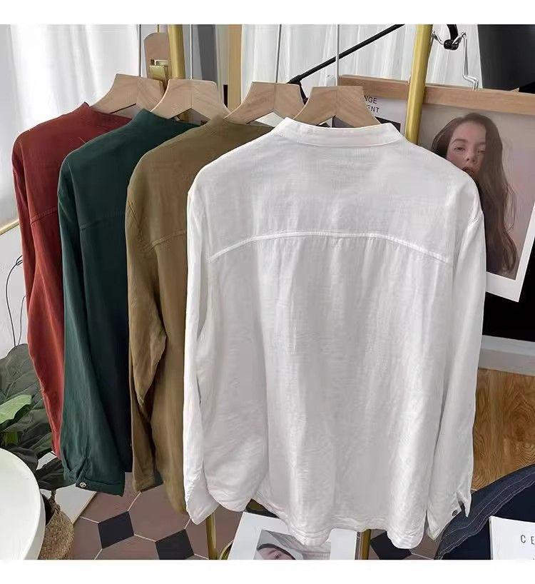 2025 Spring/Summer Women's Artistic Retro Korean Style Cotton Linen Stand Collar Shirt, Long Sleeve, Loose Fit