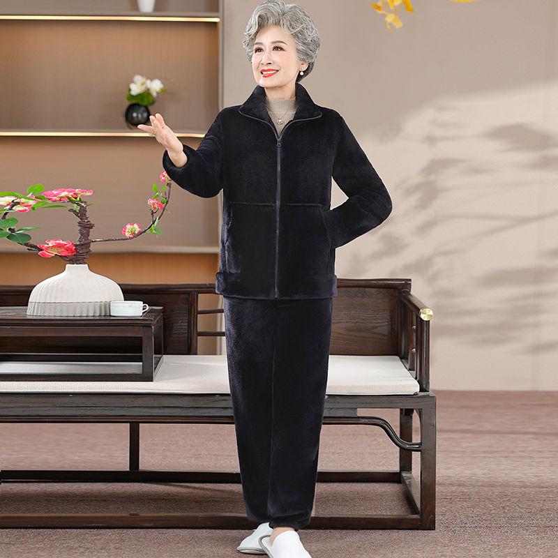 

Plus Velvet Thickened Pajamas Set Can Be Worn Outside Grandma Winter Flannel Top Pants Two-piece Women XXXXL