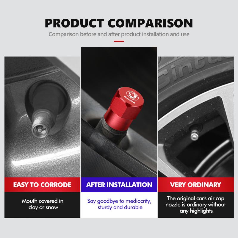 CFP5 For Skoda 4Pcs 3D Metal Tire Valve Caps Car Tyre Air Stems Cover Kamiq MK3 Roomster Rapid Kodiaq Karoq Fabia Enyaq