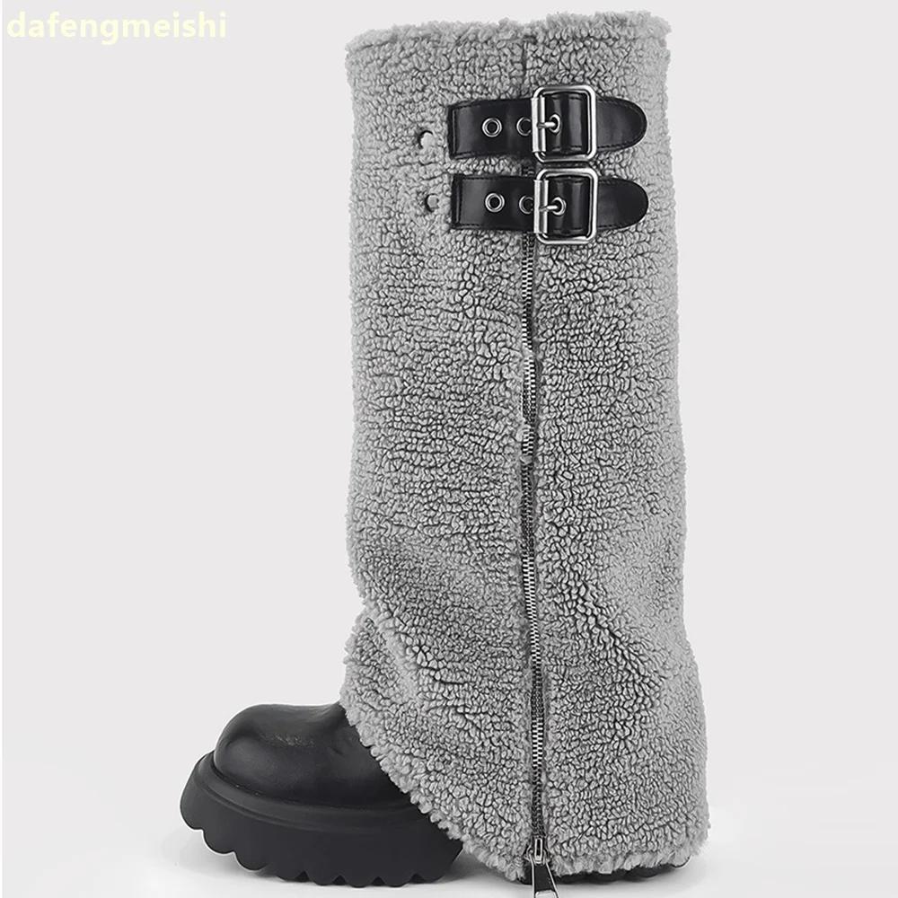 2025 New Winter Snow Boots Gray Fur Zipper Sleeve Shark Boots Platform Heightening Women Mixed Color Knee-High Boots