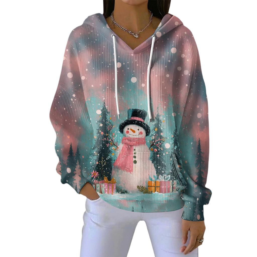 Dame Løs Komfortabel Casual Mote V-Hals Juleprint Langermet Hettegenser