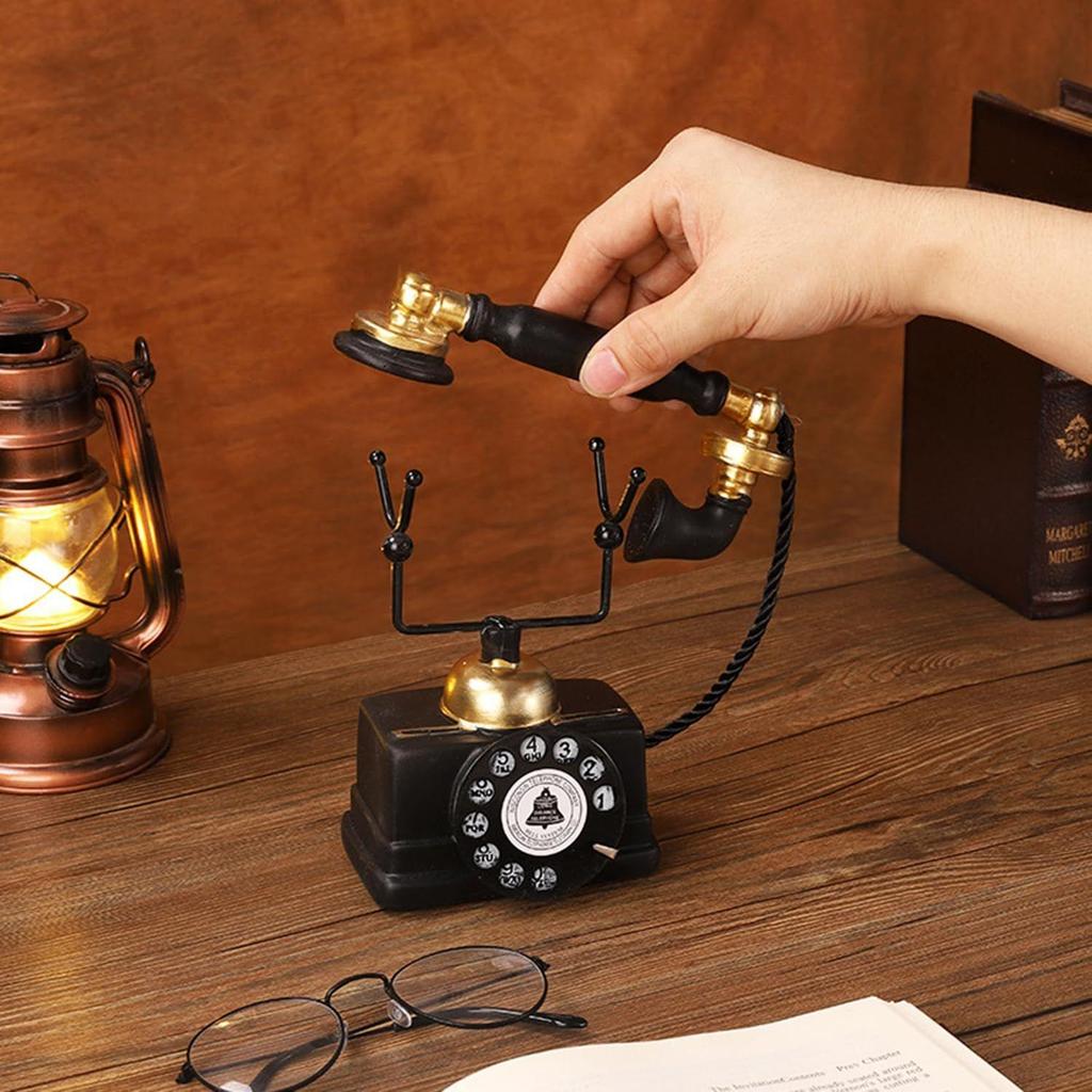 Resin Vintage Rotary Decorative Telephone for Home Living Room, Black and Gold, Decorative Desk Phone