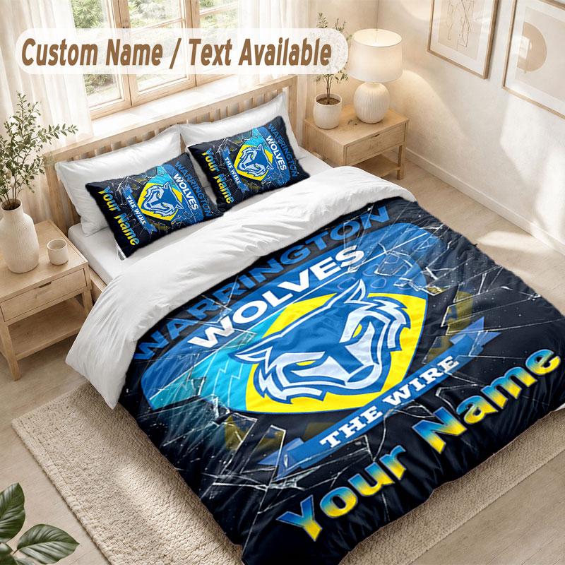 Custom Name Bedding Set 3 PiecesWarrington Wolves FC Print Duvet Cover + 2 Pillowcases Soft Bed Decor