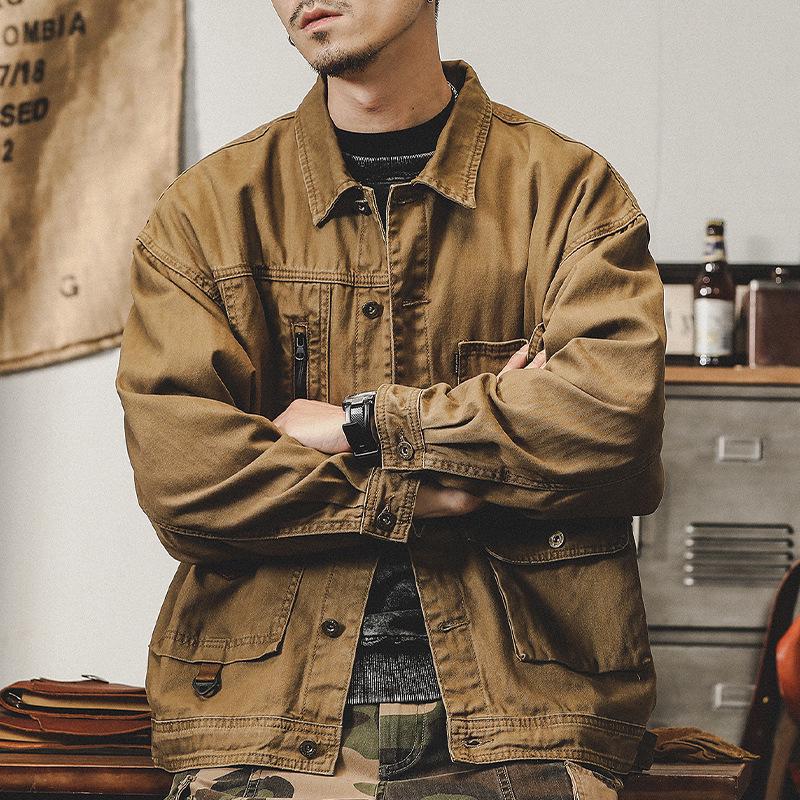 Men's Autumn Loose Fit Cotton Workwear Jacket - Trendy, Multi-Pocket, Plus Size, Casual Lapel Top