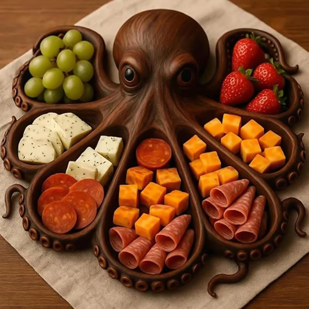 Octopus Charcuterie Platter Kitchen Serving Board with Wooden Handle for Cheese Meat Fruit Display