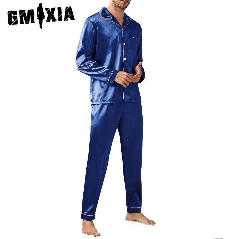 GMXIA Πολυτελής Ανδρική Φόρμα Σπιτιού Μακρυμάνικη Μακρύ Παντελόνι Σατέν Πιτζάμα Σετ Δύο Τεμαχίων