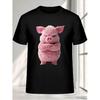 Men's Funny Cute Pink Pig Face T-Shirt with Expressive Eyes - Soft Loose-Fit Crew Neck Tee, Lightweight Casual Shirt Suitable for Parties, Photo