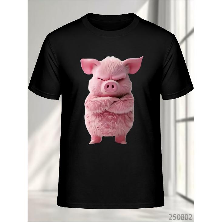 Men's Funny Cute Pink Pig Face T-Shirt with Expressive Eyes - Soft Loose-Fit Crew Neck Tee, Lightweight Casual Shirt Suitable for Parties, Photo
