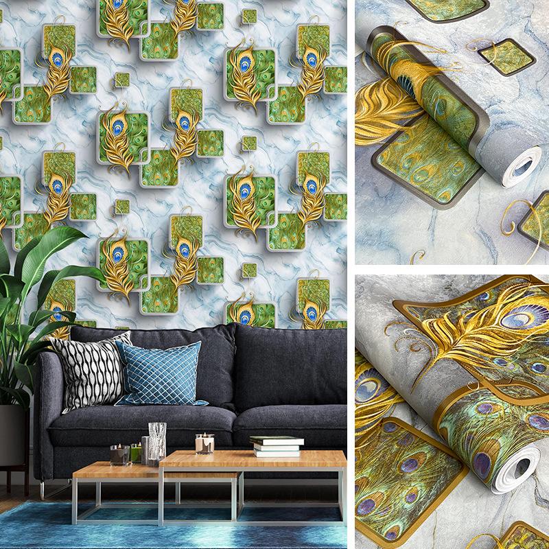 Tapeta s pavími pery 3D reliéfní Obývací pokoj Ložnice TV Pohovka Mramorová struktura Geometrická tapeta KTV Hotelová nástěnná malba Modrá Šedá