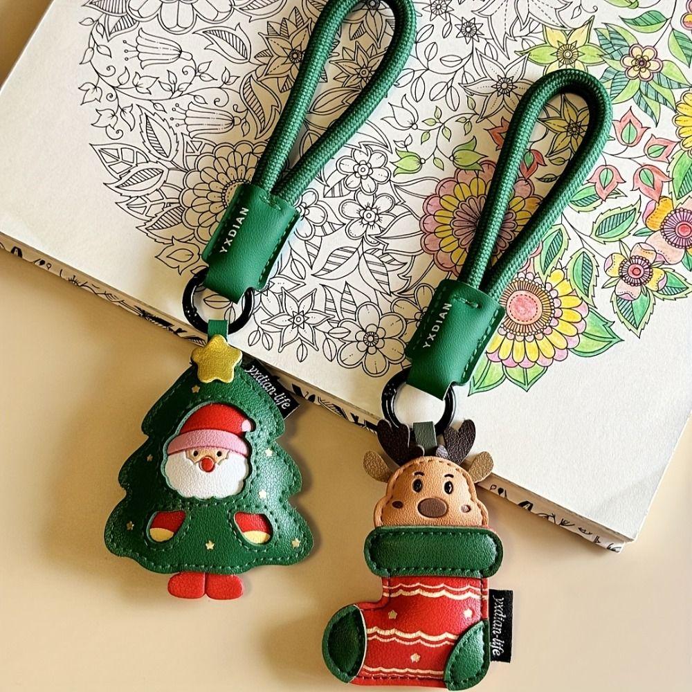 Green Strap Christmas Keychain Charm Cute Pendant Elk Key Ring Santa Claus Keychain  Luggage Tag