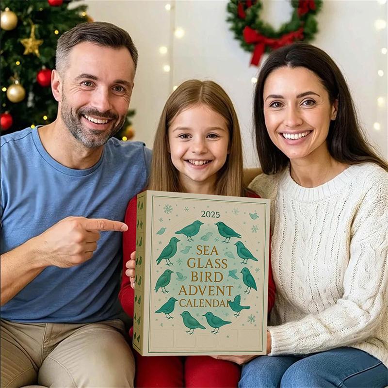 Seeglas Vogel Adventskalender 2025, 24-Tage Küstenweihnachts-Countdown mit Seeglas-Ornamenten, Einzigartige Feiertagsdekoration & Geschenk