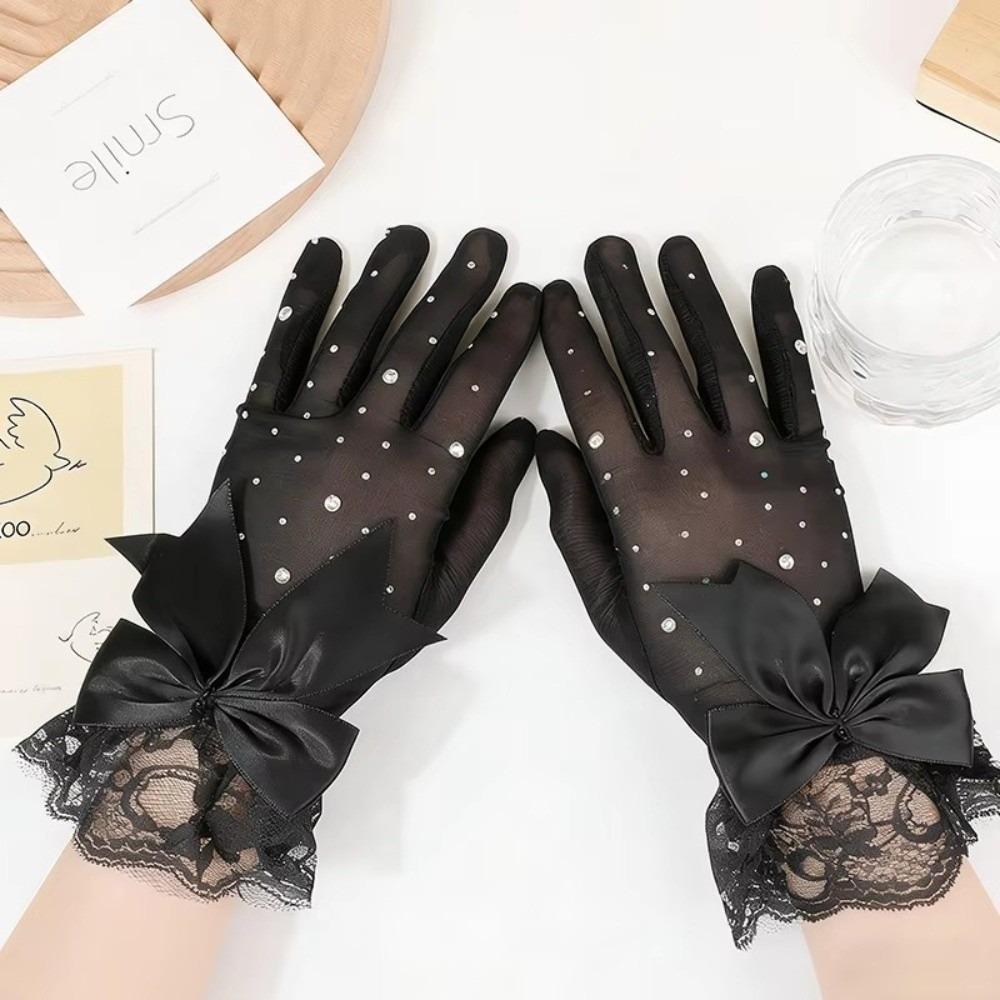 1 Pair Bow Knot Design Mesh Gloves Short Bridal Gloves Elegant Wedding Gloves for Women