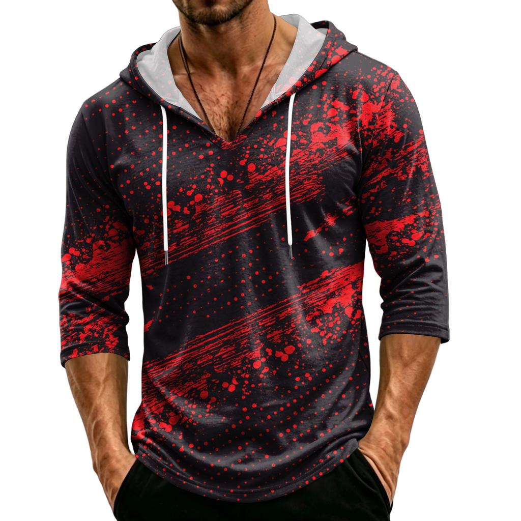 Men's Loose Fit Casual Hoodie 3/4 Sleeve Pullover Halloween Graphic Print Lightweight Hooded Shirt for Everyday Wear