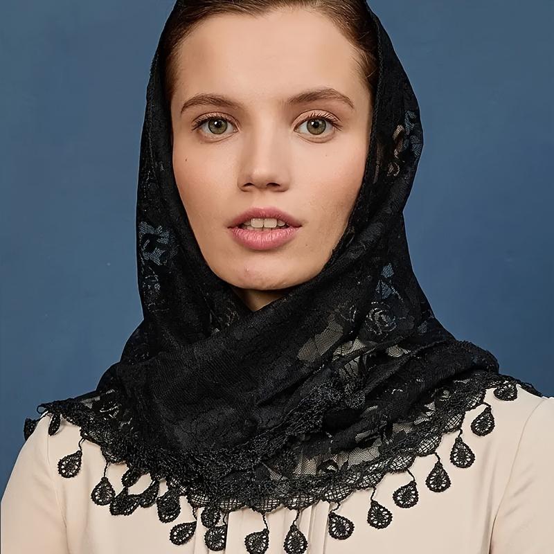 1pc Rose Pattern Lace Triangle Hijab Scarf Thin Breathable Tassel Shawl Elegant Style Windproof Sunscreen Head Wrap