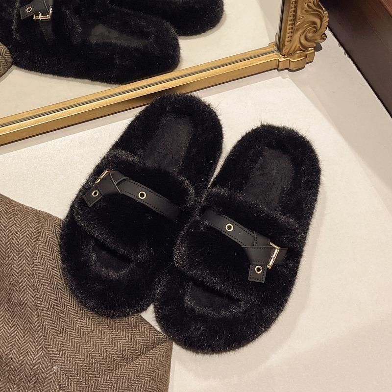 Women's Autumn and Winter New Fur Slippers Fashion Wear Belt Buckle Cotton Slippers