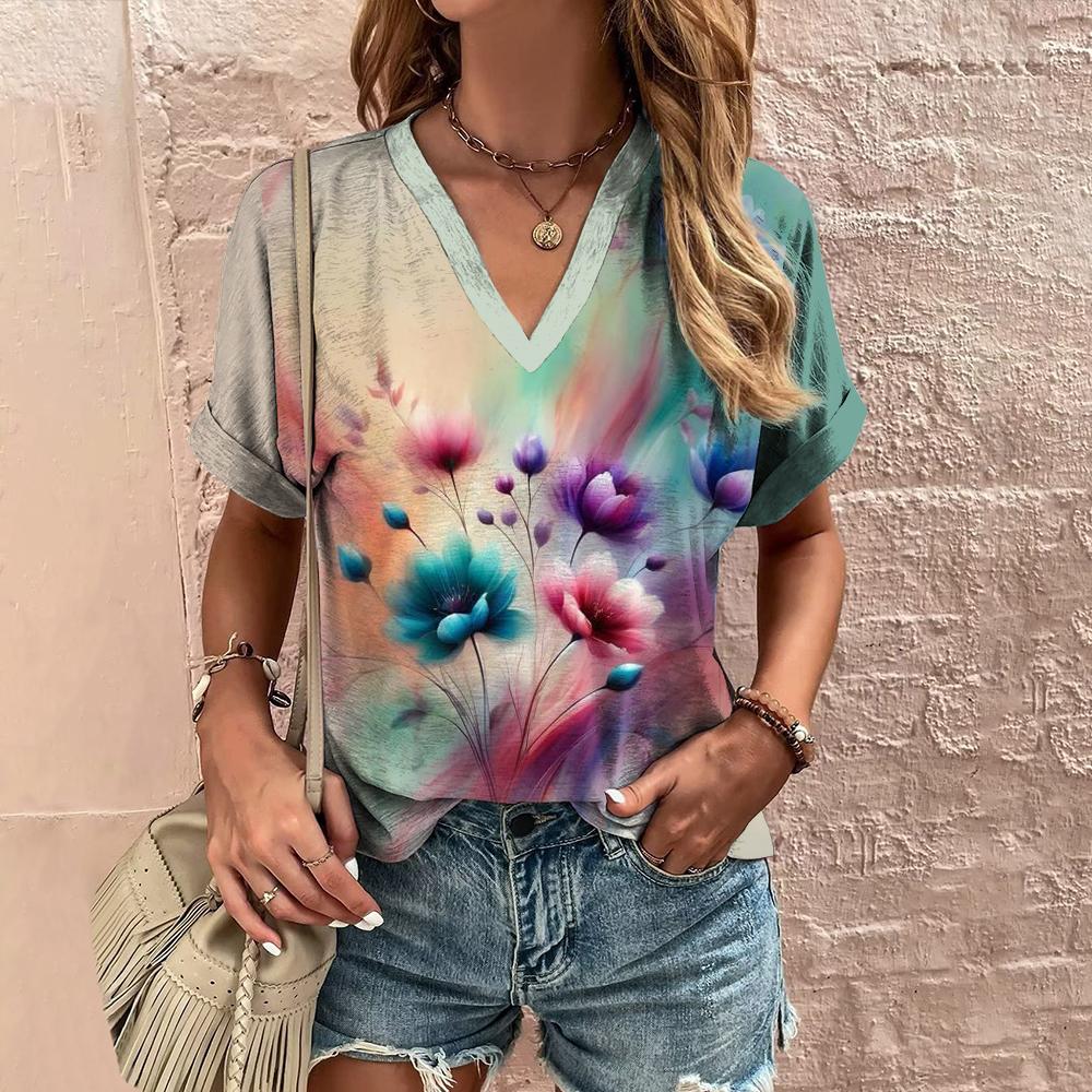 Summer Women's T-shirt V-neck Short-sleeved Floral Graphic Printing Outdoor T-shirt Women's Casual Clothing Street Shirt
