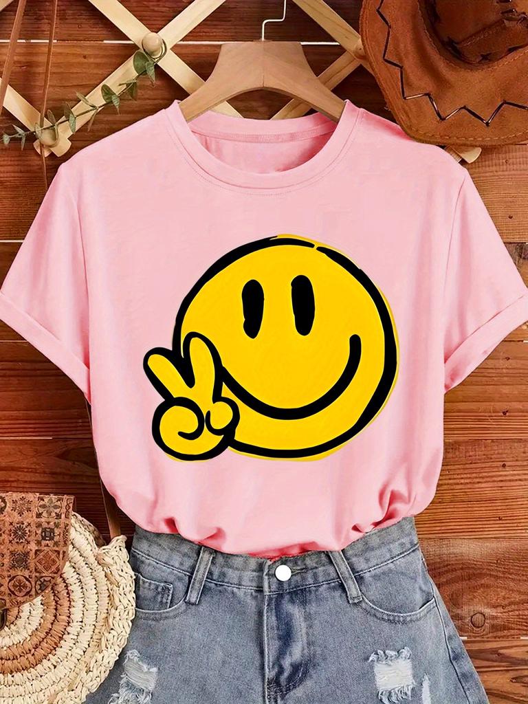 Womens Geometric Joyful Face Smile Print TShirt Casual Short Sleeve Crew Neck Top Comfort Summer Women Clothing
