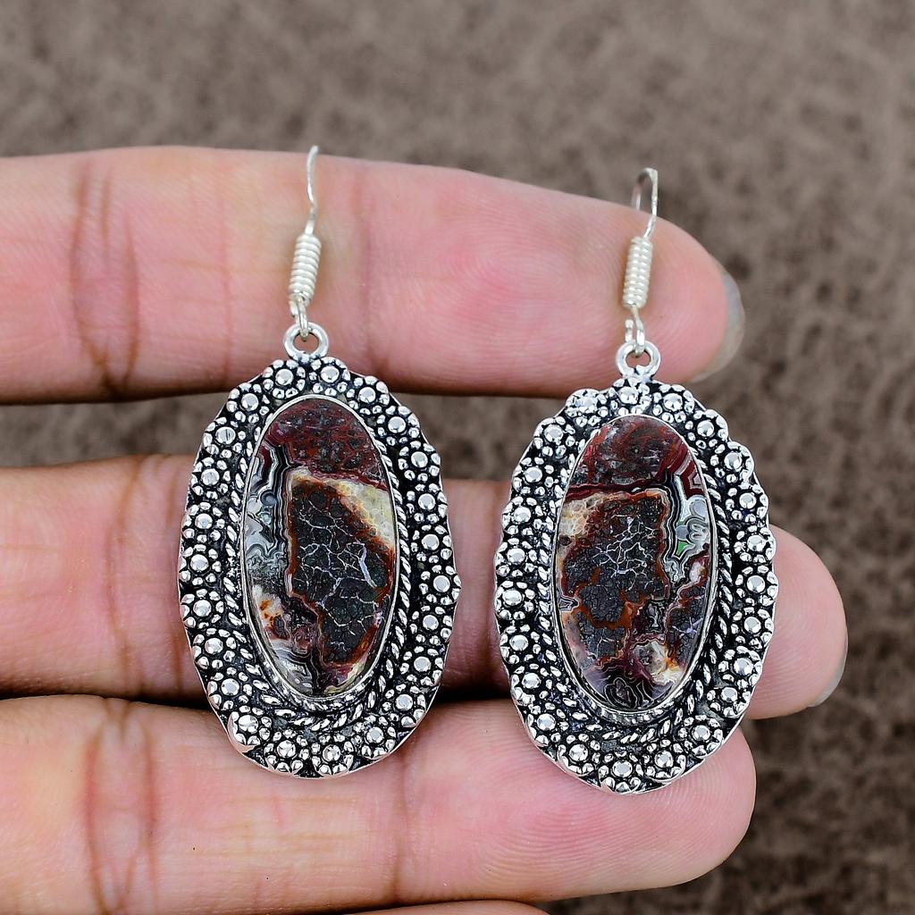 Lake Superior Agate Gemstone 925 Sterling Silver Jewelry Earring 2.17" KKG-666