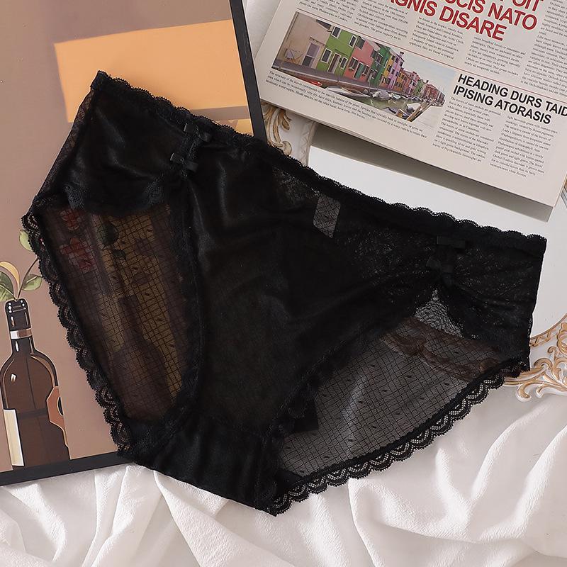 Soft & Cute Cheongsam: Sexy Lace Plus Size Women's Panties with Double Bow, Ice Silk Mesh, Mid-Low Waist.