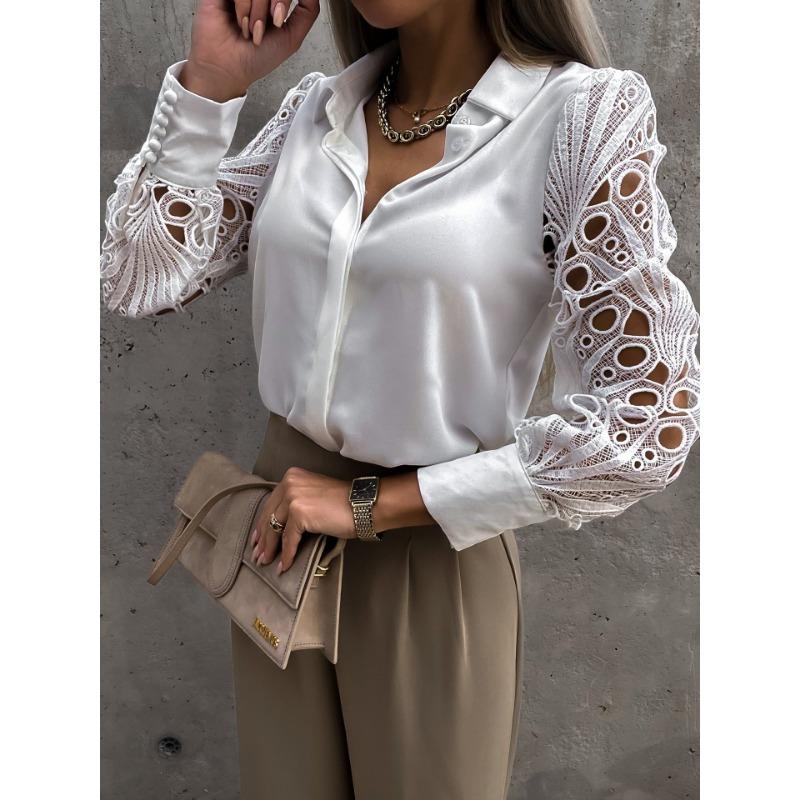New Spring and Summer Women's Solid Color Lace Stitching Hollow Lapel Fashionable Shirt