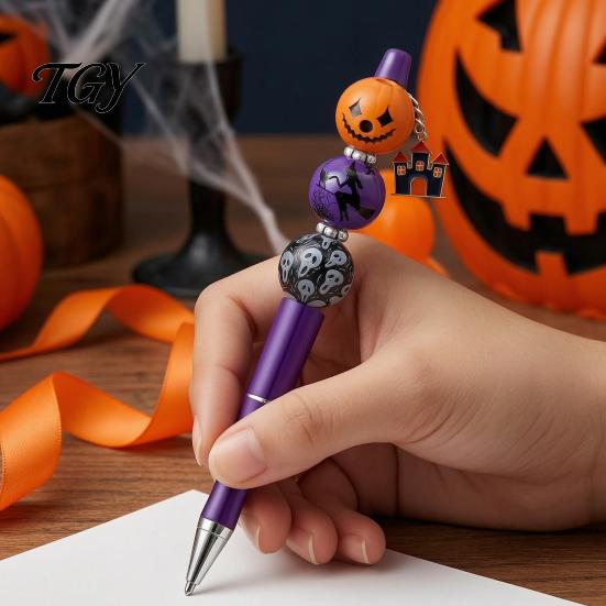 Handmade Wooden Writing Pens 6PCS Halloween Beadable Pen Kit, DIY Ballpoint with Pumpkin Witch Unique Ghost Theme Beads, Creative Smooth for