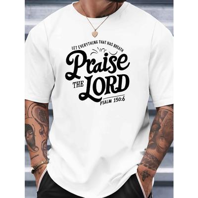 T-shirt Cristiana da Uomo con Stampa 'Loda il Signore' e Versetto Salmo, Traspirante, Girocollo, Manica Corta, Vestibilità Rilassata, Adatta per Eventi in Chiesa