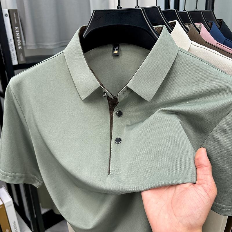Luxury high-quality short sleeve polo shirt men new summer silk breathable comfortable lapel casual business solid color T-shirt