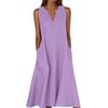 Women's Sleeveless V-Neck Button Front A-Line Dress with Side Pockets in Multiple Colors