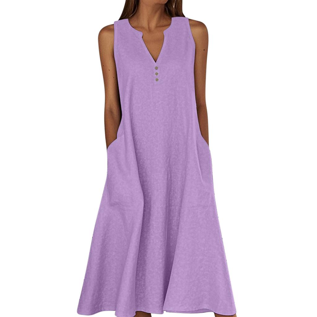 Women's Sleeveless V-Neck Button Front A-Line Dress with Side Pockets in Multiple Colors