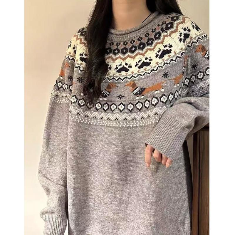 2025 Retro Japanese Ethnic Style Jacquard Round Neck Loose Knit Cardigan for Women