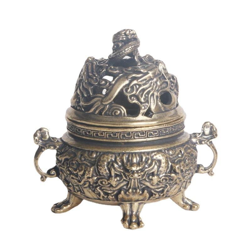 Vintage Brass Xianglong Desktop Ornament Relief Dragon Pattern Double Ears Four Legs Sandalwood Incense Burner Ol