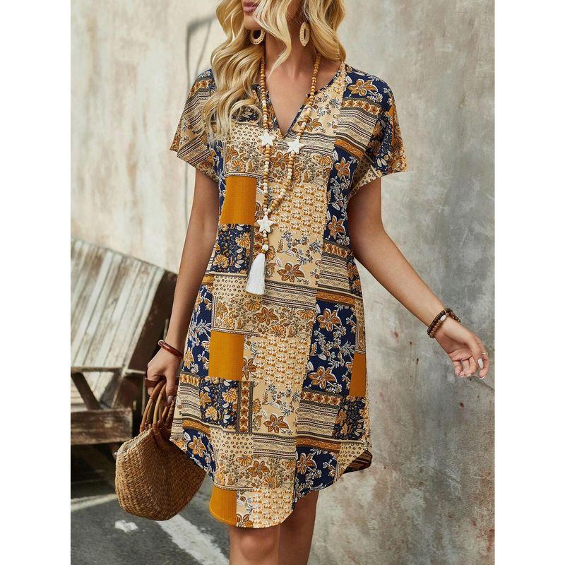 

Summer Short Sleeve Gap V-neck Stitching Florals Mid-Length Fashion Wind Fashion Dress Dress for Women Yellow S