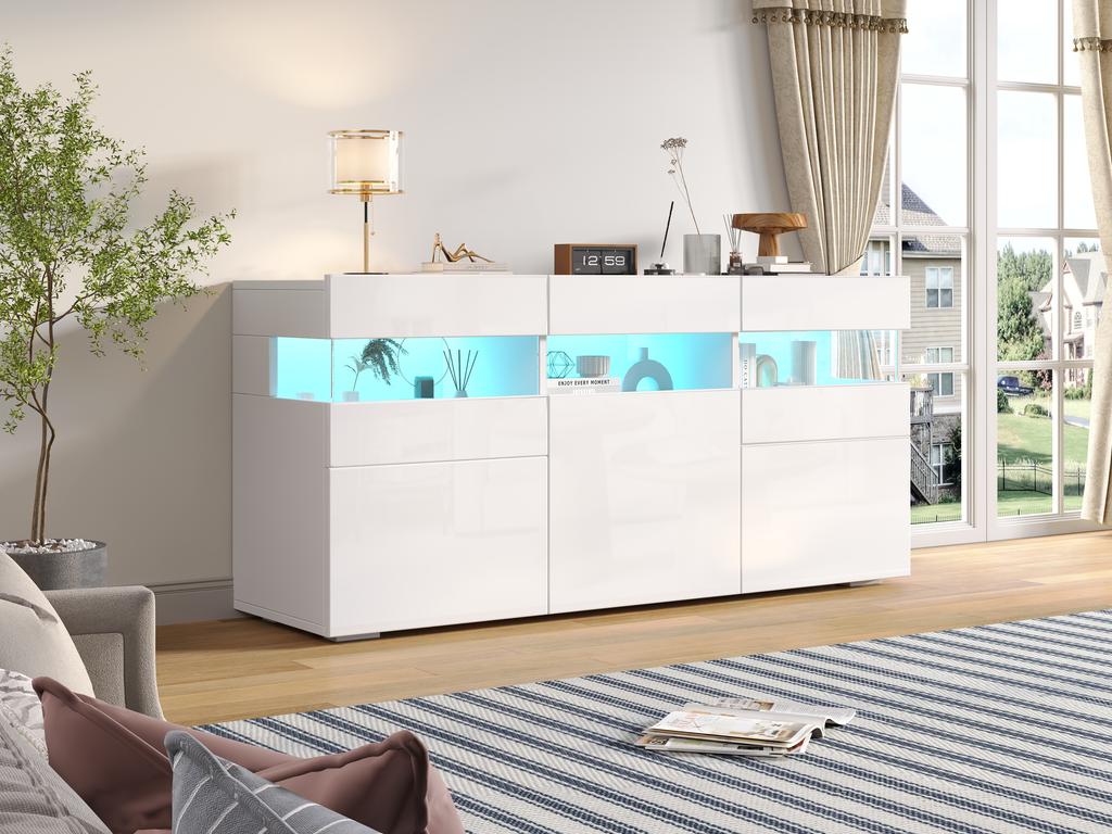 Credenza per soggiorno 140*40.5*66.5cm con 3 ante, finitura lucida, striscia luminosa a LED, acrilico trasparente, 7 scomparti, bianco
