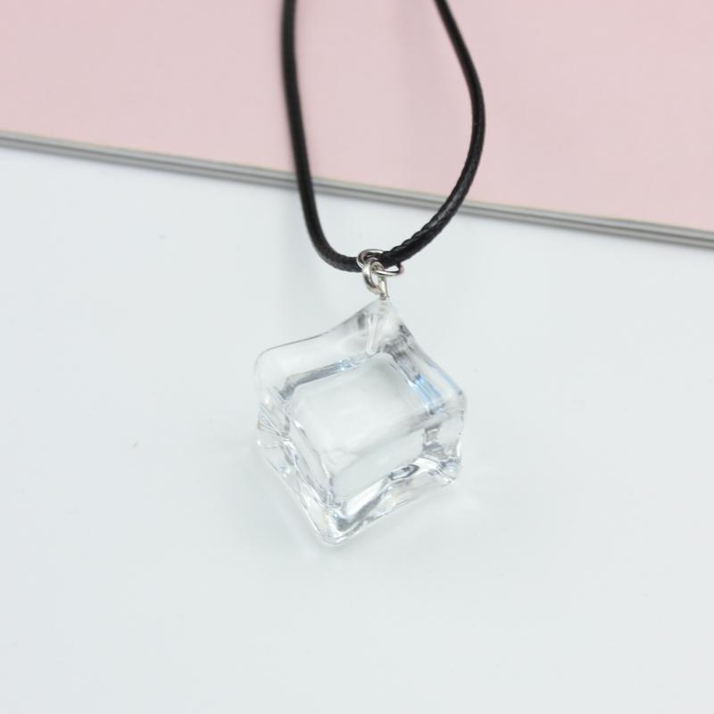 Transparent Large Ice Cube Pendant Necklace for Women 45+5cm PU Leather Wax Line Clavicle Collar Jewelry Gift