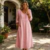 Polyester Summer Dress Midi for Women, Button Down Long Sleeve Mid-length Loose A-line Dress, Casual V Neck Flowy Vacation Outfits Women