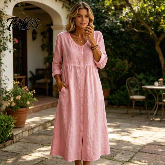 Polyester Summer Dress Midi for Women, Button Down Long Sleeve Mid-length Loose A-line Dress, Casual V Neck Flowy Vacation Outfits Women