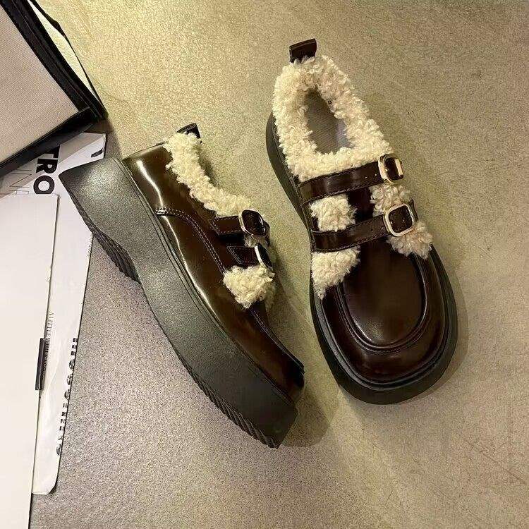 Black British style small leather shoes women's autumn and winter 2025 new platform loafers velvet cotton shoes Mary Jane shoes