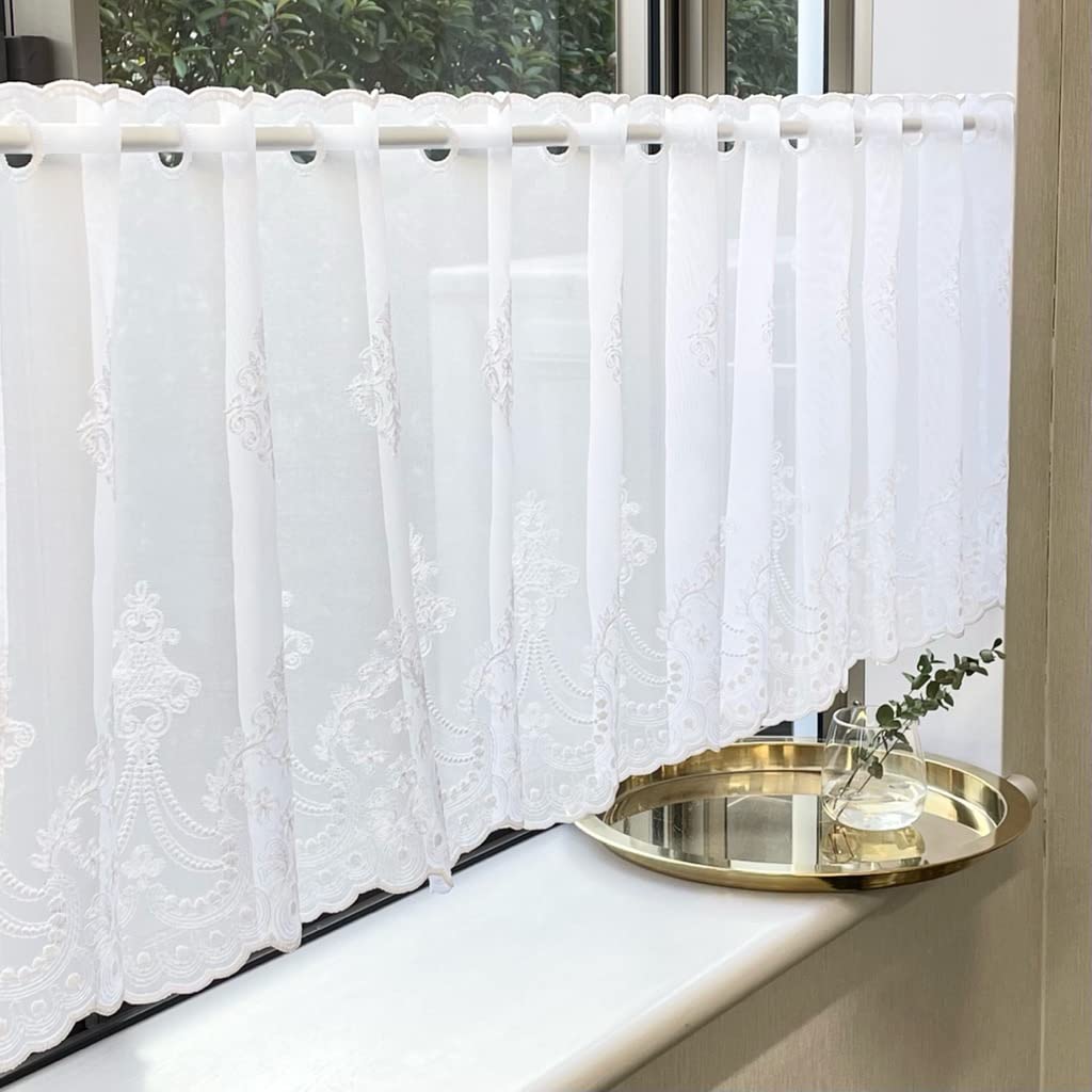 INTERIX Embroidered Lace Cafe Curtain for Small 165cm Wide x 45cm Made in Freesia Windows, Long, Japan, White, CF4-165-45