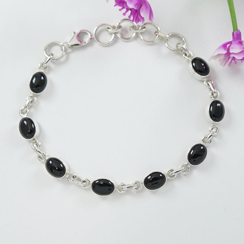 Natural Black Onyx Bracelet, Handmade Bracelet for Women, 925 Sterling Silver Bracelet, Wedding Bracelet, Black Gemstone