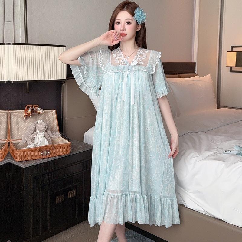 Linglei Summer Printed Lace Bow Mesh Court Princess Style Long Nightdress Pajamas Loungewear Women