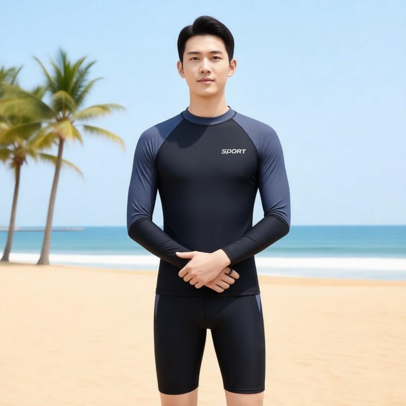 Mens Long Sleeve Rash Guard With Shorts UV Protection Quick Dry Swimwear Swimming Training