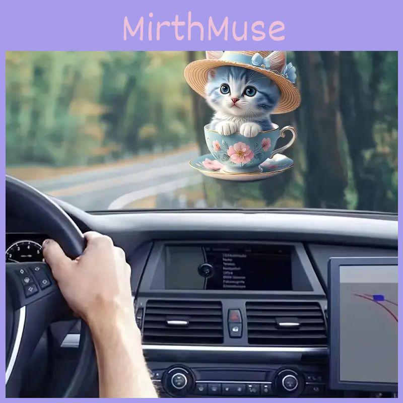 Cute Cartoon Cat Acrylic Flat Tea Cup Car Decoration Pendant For Interior Charm