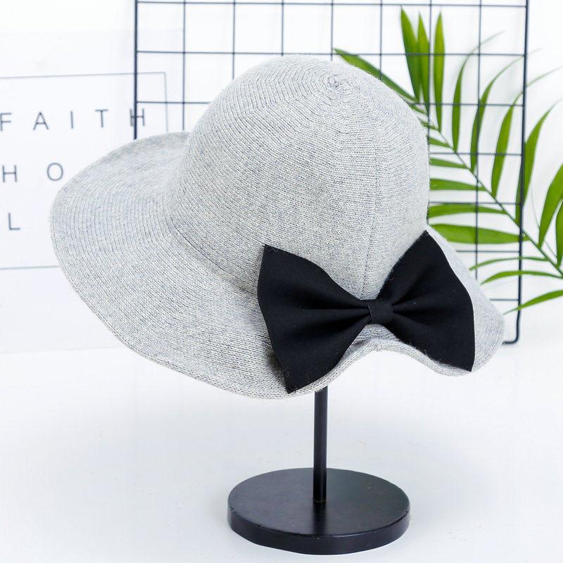 

Hat autumn and winter versatile thickened warm fashion knitted big brim basin hat literary bucket hat tide Adjustable світло-сірого кольору