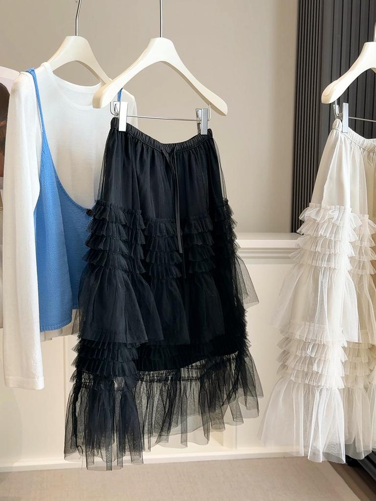 Women's Spring A-line Mesh Lace Cake Skirt - Gentle, Sweet, Fluffy Midi Design
