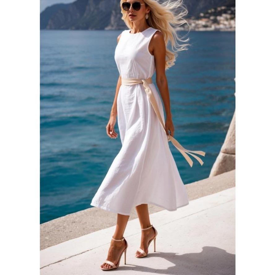 YYFS Women's Fashion Summer Spring Solid Color Print Sleeveless O-Neck High Waist Casual Dresses