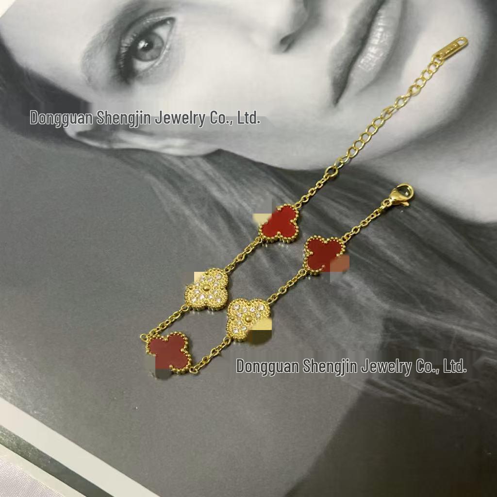 18k Gold 13mm Clover & Diamond Five-Flower Bracelet - Women's Simple, Versatile, Non-Fading Fashion Accessory