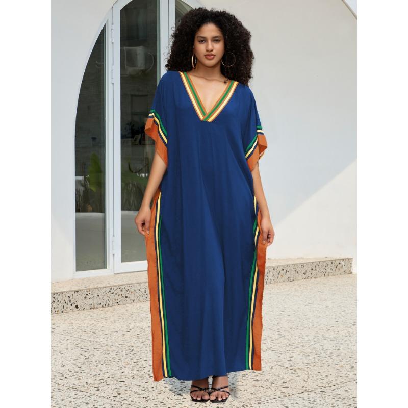 Women's Fashion Summer Spring Solid Color Print 1/2 Sleeves V-Neck Loose Waistline Casual Dresses