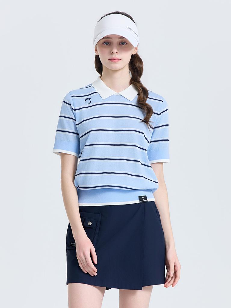 CHALLENGER Women'S Linen Striped Collared Short Sleeve Knit Sky Blue